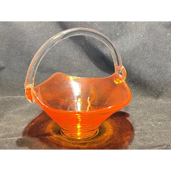 Hand Blown Viking Glass MCM Orange Basket With Clear Handle - Picture 1 of 6